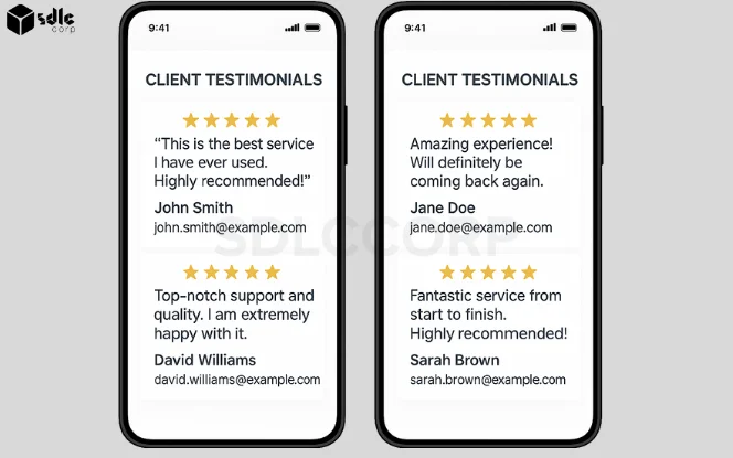 Client testimonials displayed in review cards with star ratings and feedback quotes, highlighting reliability of an indie game development partner