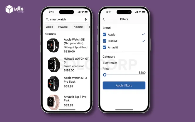 Product search and filter interface in eCommerce app showing smartwatch listings with brand filters
