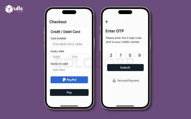 Checkout screen showing credit card and PayPal options with OTP verification for secure eCommerce transactions