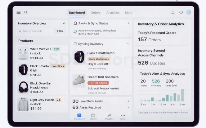 Tablet dashboard showing real-time inventory levels, low-stock alerts, and order analytics in an eCommerce admin panel.