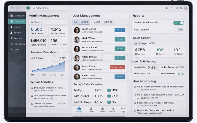 Tablet admin dashboard showing user management, sales reports, and system logs