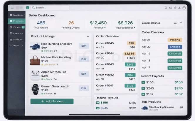 Tablet-based seller dashboard interface showing product listings, order statuses, inventory levels, and earnings analytics in a multi-vendor eCommerce app