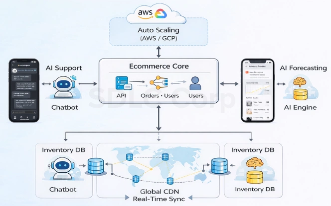 Scalable eCommerce architecture showing auto-scaling cloud infrastructure, AI support, real-time inventory sync, and demand forecasting.