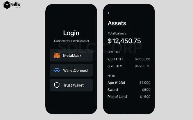 Blockchain game login screen with Web3 wallet options including MetaMask, WalletConnect, and Trust Wallet integration.