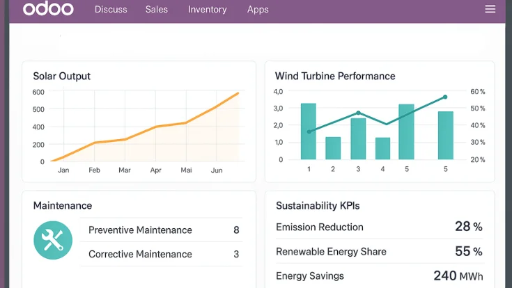 A clean, minimalistic Odoo ERP dashboard for renewable energy companies, displaying a solar output line chart (Jan–Jun), a wind turbine performance bar and line chart, a maintenance widget listing preventive and corrective tasks, and a sustainability KPI panel showing emission reduction (28 %), renewable energy share (55 %), and energy savings (240 MWh).