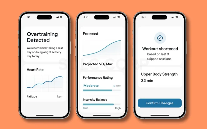 AI-powered fitness app screens showing overtraining detection, projected VO2 Max forecast, and dynamic workout adjustment based on skipped sessions.