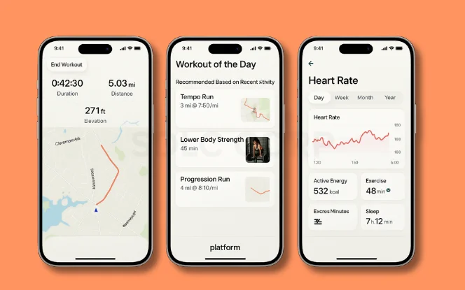 Strava-like fitness app UI showing real-time GPS tracking, AI-based workout recommendations, and wearable integration dashboards that influence development costs.