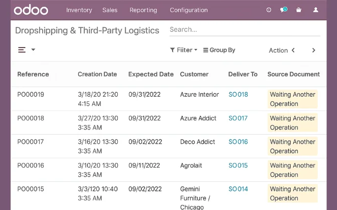 Clean Odoo Dropshipping & Third-Party Logistics dashboard screenshot with purchase order table, filters, and purple menu bar.
