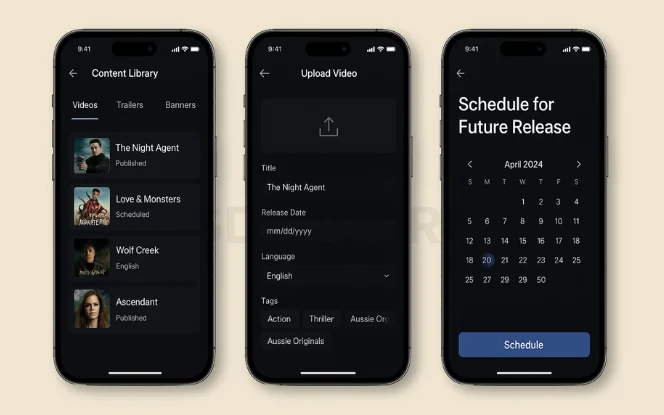 Admin interface for content scheduling, video uploads, and media tagging in an OTT streaming platform.