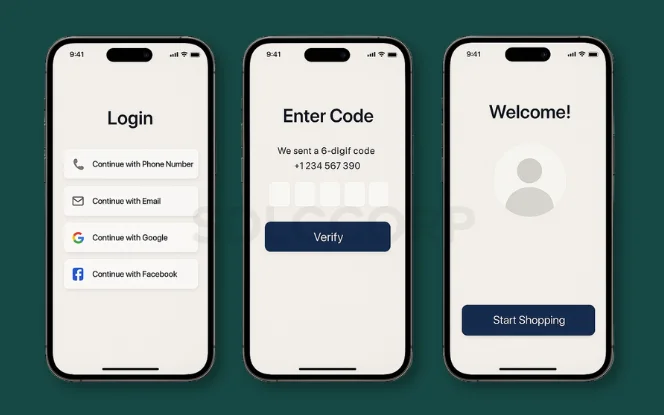 Mobile login screens for a Coles-style grocery app with OTP verification, email, and social login options.