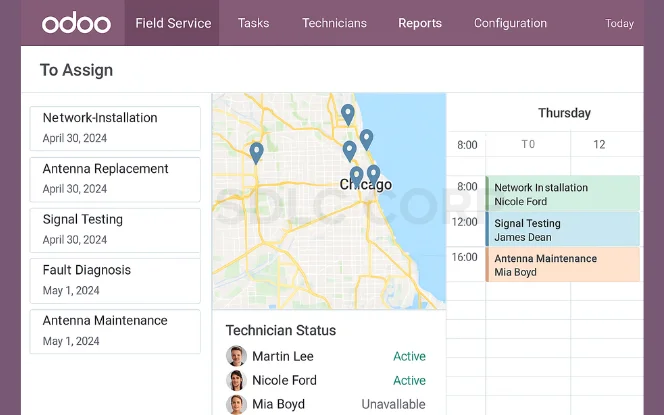 Odoo Field Service dashboard showing telecom tasks list technician map locations, daily schedule and status bar