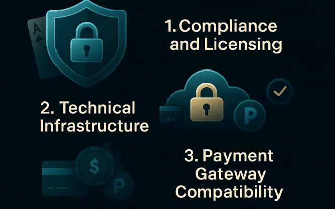 Infographic displaying three points for poker software providers: compliance and licensing, technical infrastructure, and payment gateway compatibility.