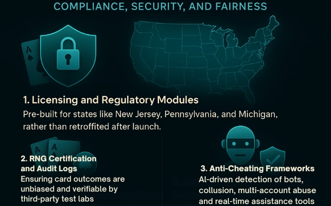 “Compliance, Security, and Fairness” showing licensing modules, RNG certification, and anti-cheating frameworks with teal icons on a dark background.