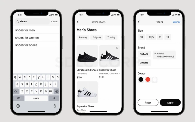 Three iPhone screens displaying smart search and filtering in an eCommerce app, featuring autocomplete suggestions, horizontal filters, and product filters for size, brand, and color.