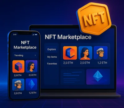 NFTs, explore options, and ETH pricing, with a golden NFT badge and glowing blue-purple neon grid in the background.