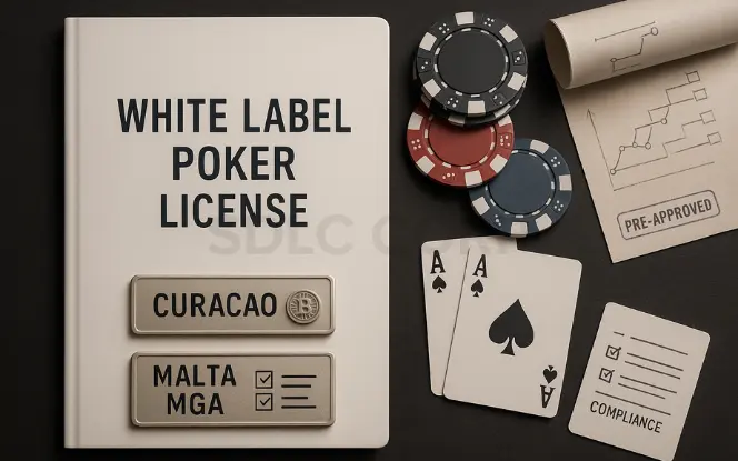 White label poker license folder with chips, Curacao and Malta license tags, and crypto symbol, representing scalable and compliant poker solutions.