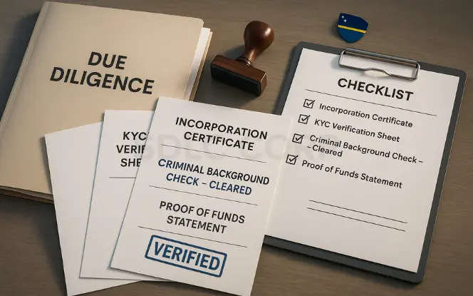 Curacao poker license pre-application documents including incorporation papers, KYC forms, proof of funds, and background clearance laid out on a professional office desk.