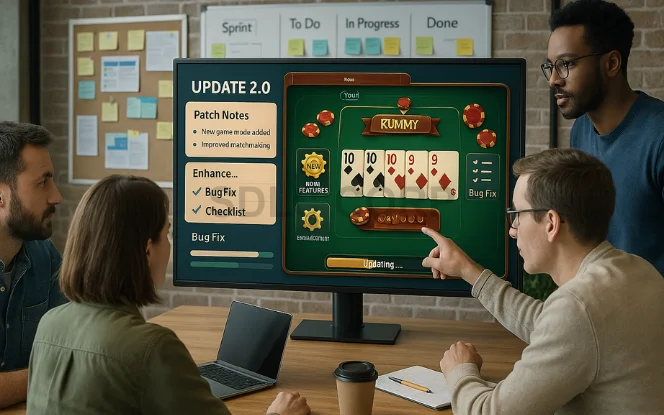 Update notification on a rummy app screen highlighting new features and version improvements.