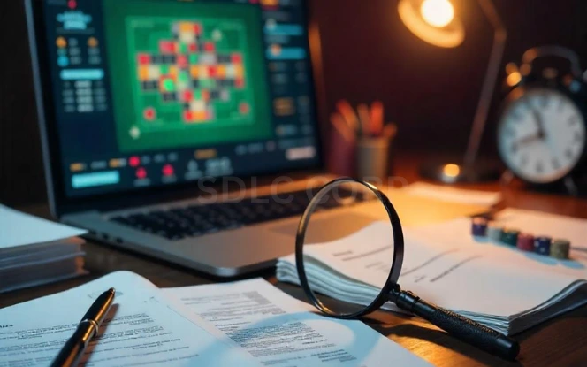 Challenges in Obtaining an Online Ludo Game License A cluttered desk with legal documents, a Ludo game board, and a magnifying glass symbolizing the challenges in obtaining an online Ludo game license