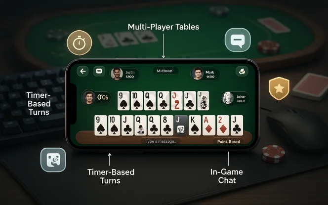 User interface showcasing rummy game features such as multiplayer mode, score tracking, and real-time chat.