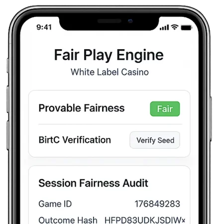 Portrait mobile interface of a casino fair play engine with blockchain seed verification, outcome logs, and fairness badges on transparent background.