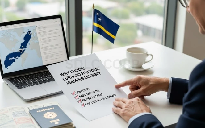 Why Choose Curacao for Your iGaming License? Curacao flag and global gaming icons representing advantages like affordability, ease of setup, and international credibility