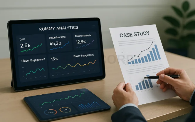 Bar chart or dashboard displaying real-world metrics such as user growth, retention rates, and revenue from rummy platforms.