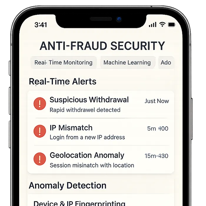 Mobile Anti-Fraud Security dashboard for turnkey casino solutions: real-time alerts, anomaly detection chart, device fingerprinting log, block-list actions, and 2FA toggle in a transparent phone UI.
