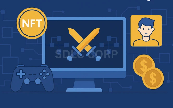 Infographic showing the concept of blockchain gaming with elements like NFTs, digital avatars, game tokens, and a decentralized network grid surrounding a central game screen