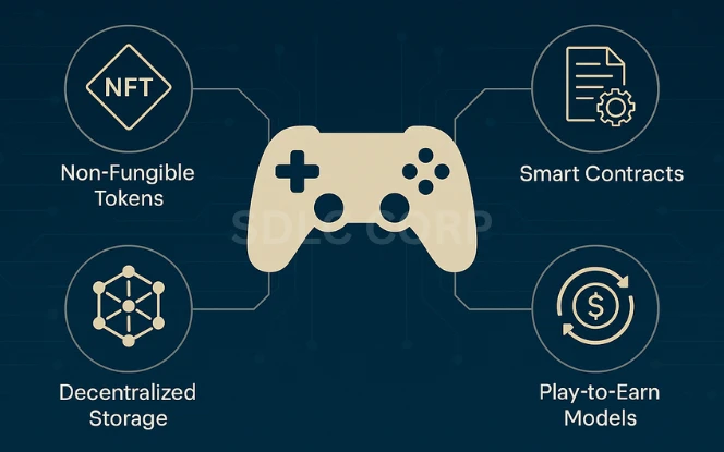 Infographic showing key technologies driving blockchain gaming, including NFTs for asset ownership, smart contracts for automated logic, decentralized storage, Play-to-Earn models, and interoperability standards, all centered around a digital game controller on a blockchain-themed background