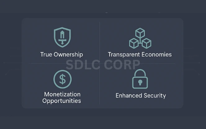 Infographic highlighting key benefits of blockchain in gaming, including true asset ownership through NFTs, transparent decentralized economies, monetization opportunities for players, community governance via DAOs, and enhanced security using cryptographic principles, all illustrated with clean icons on a blue tech-style background
