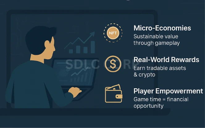 Infographic illustrating the rise of Play-to-Earn gaming, showing a player engaging with a digital dashboard and earning rewards through gameplay. Visual elements include a game farm scene, cryptocurrency coin, NFT badge, and brief points on how P2E creates micro-economies and converts game time into real-world income, all set on a blue tech-themed background