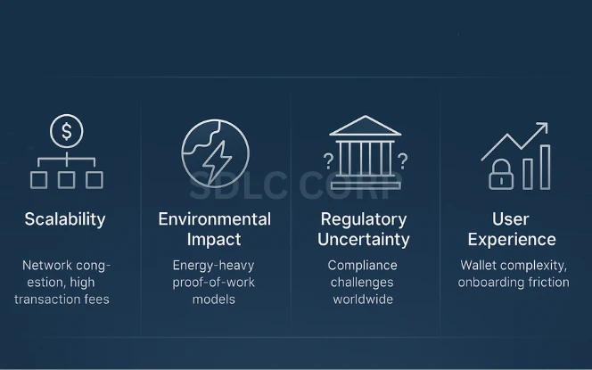 Infographic highlighting challenges in blockchain gaming, including scalability issues from network congestion, environmental impact of energy-intensive blockchains, regulatory uncertainty around NFTs and crypto, poor user experience due to complex wallet systems, and market speculation leading to unstable economies. Each challenge is paired with an icon on a dark blue tech-themed background