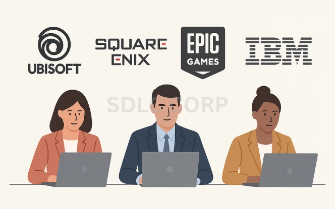 Digital illustration showing logos of major tech and game companies—Ubisoft, Square Enix, Epic Games, and IBM—above a presentation screen displaying blockchain-related icons like smart contracts and crypto tokens. Three silhouetted professionals are shown analyzing the screen, representing industry involvement in blockchain gaming, set against a dark blue background with circuit patterns