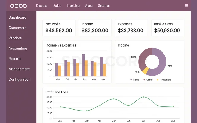 Odoo ERP dashboard displaying real-time financial analytics with graphs for income, expenses, profit and loss, and cash flow.