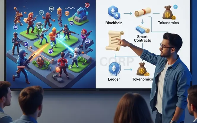 Understanding NFT Games - Explained Developer analyzing NFT game mechanics with digital assets, blockchain icons, and smart contract interface on screen