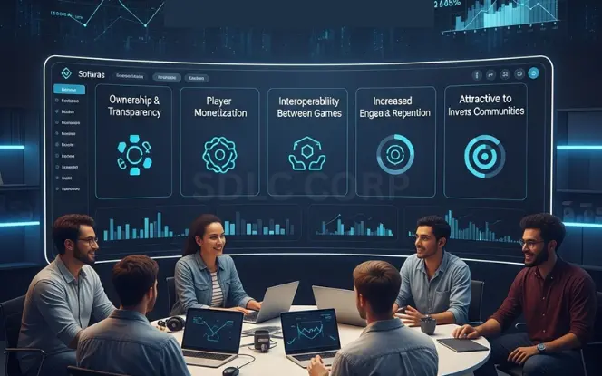 Benefits of Creating an NFT Game Modern workspace showing team reviewing key NFT game benefits like ownership, monetization, and player engagement