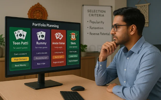Laptop screen displaying a curated selection of online casino games including poker, roulette, slots, blackjack, and Indian favorite Teen Patti, with a game portfolio plan document placed nearby in a clean, modern office setup.