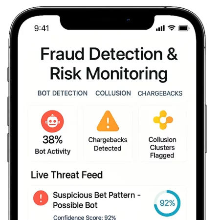 Interface showing bot detection, chargebacks, and collusion risk monitoring in iGaming security tools