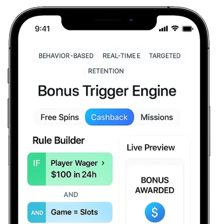 Mobile UI with behavior-based bonus triggers like free spins and cashback for iGaming platforms