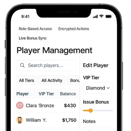 Dashboard for managing VIP tiers, issuing bonuses, and monitoring balances in iGaming