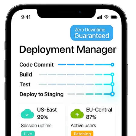 Mobile interface showing deployment manager with live uptime and rollback options for iGaming infrastructure