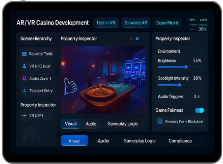 VR and AR casino development interface with environment customization and blockchain-based game fairness tools