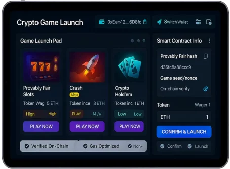 iGaming launch interface with smart contract setup and provably fair crypto slot and card games