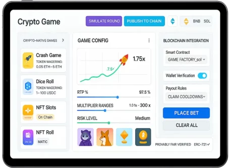 Blockchain-integrated iGaming software with RTP tuning, multiplier settings, and crypto wagering options