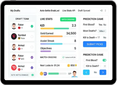 iGaming fantasy esports platform with live player stats, prediction challenges, and reward tracking