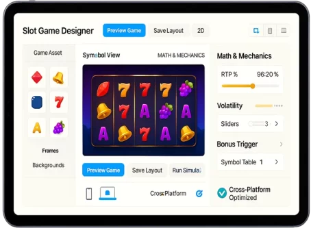 Slot machine design software with RTP, volatility, and symbol layout controls for cross-platform casino games