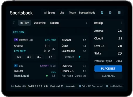 Sports betting software with live odds, esports coverage, and real-time betslip management