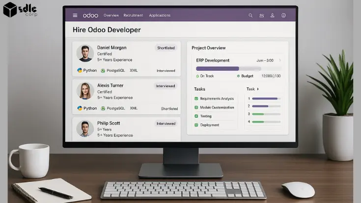 Desktop screen displaying an Odoo ERP dashboard with a hiring module for Odoo developers. Candidate profiles show skills like Python, PostgreSQL, and XML, alongside project timelines and budget insights. Ideal visual for a business exploring ERP developer recruitment.
