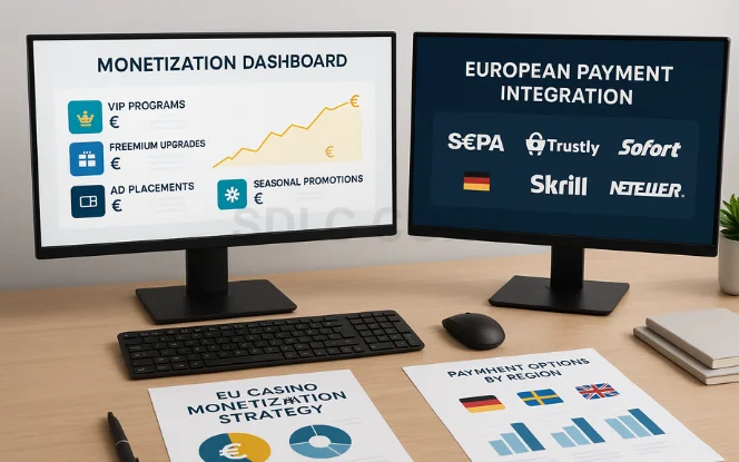Revenue model chart and payment icons for online casinos in Europe.